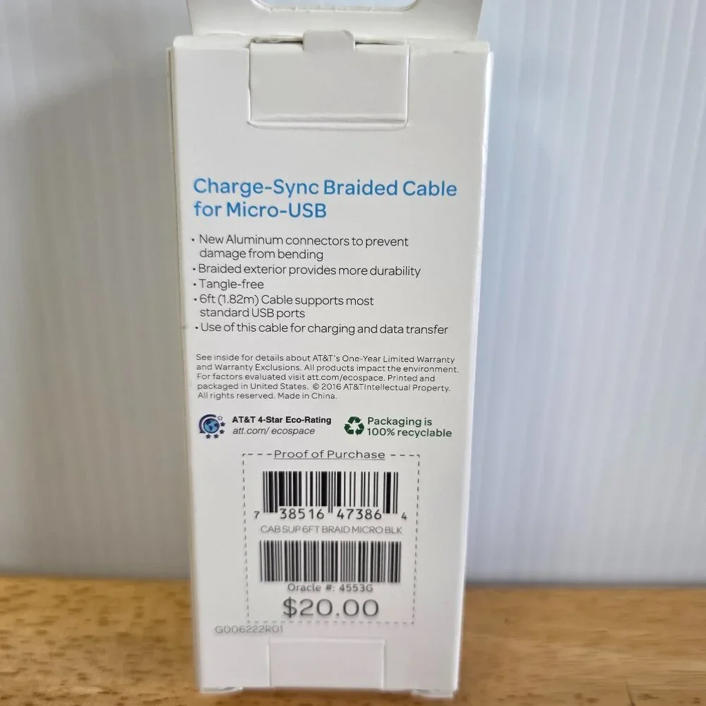 NWOT AT&T Charge-Sync Braided Cable for Micro-USB